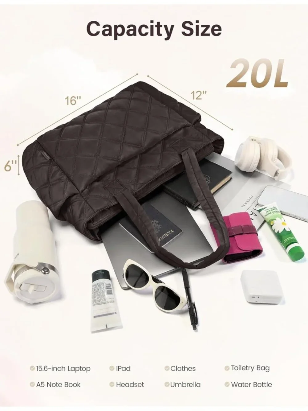 👜Women's Dark Brown Puffer Tote Bags Lightweight Quilted Work For Travel